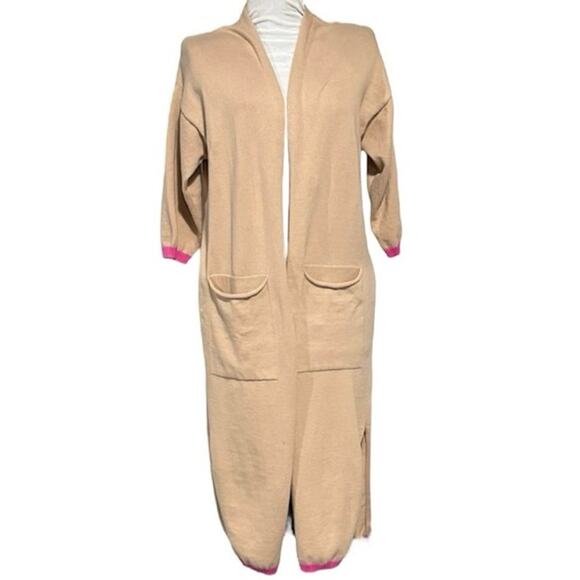Vilagallo Long Line Cardigan Sweater Small Beige Pink Trim Duster Cotton Pockets - Picture 1 of 8